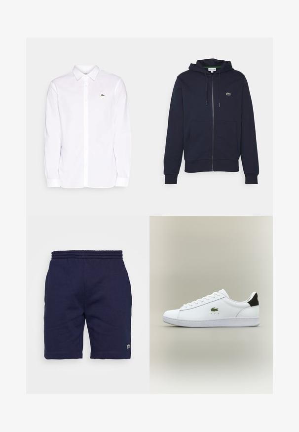 Donkerblauwe zip-up hoodie van zachte katoen. Beschikt over een kangoeroezak, een capuchon met trekkoord en een klein groen Lacoste-logo op de borst.; Witte lange mouwen shirt van katoen, met een button-down kraag, een groen geborduurd logo op de linkerkant van de borst en rechte mouwen.; Navyblauwe katoenen shorts met een elastische tailleband, voorzien van een klein groen logo op het linksonder been en een gladde textuur.; Witte leren sneaker met een gladde afwerking, voorzien van een groene geborduurde krokodillenlogo, vlakke witte zool en zwart accent op de hiel.