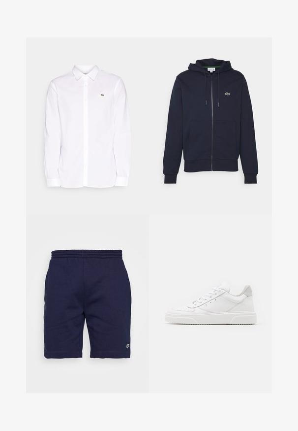 Sudadera con cremallera de color azul marino, hecha de algodón suave. Presenta un bolsillo tipo canguro, capucha con cordón y un pequeño logo verde de Lacoste en el pecho.; Camisa blanca de manga larga hecha de algodón, que presenta un collar tipo button-down, un logo bordado verde en el lado izquierdo del pecho y puños rectos.; Pantalones cortos de algodón azul marino con cintura elástica, que presentan un pequeño logotipo verde en la parte inferior de la pierna izquierda y una textura suave.; Zapatillas de cuero blanca con un acabado suave, punta redondeada, cordones planos y una suela texturada. Acento de ante gris en el talón.