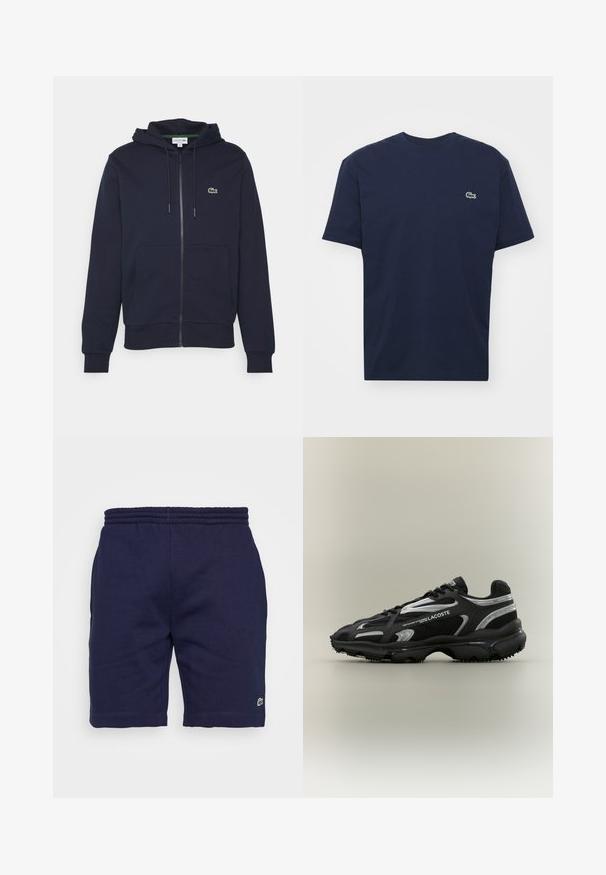 Námořnická modrá mikina na zip vyrobená z měkké bavlny. Má klokankovou kapsu, kapuci se stahovací šňůrkou a malé zelené logo Lacoste na hrudi.; Námornícky modré bavlnené tričko s krátkymi rukávmi, okrúhlym výstrihom a malým zeleným logom krokodíla na ľavej hrudi. Mäkká textúra, športový dizajn.; Námornícke modré bavlnené šortky s elastickým pásom, zdobené malým zeleným logom na dolnej ľavej nohe a hladkou textúrou.; čierne a strieborné tenisky Lacoste s vrchnou časťou z mäkkej textílie a syntetického materiálu, zaoblenou špičkou, texturovanou podrážkou a označením značky po stranách na neutrálnom pozadí.