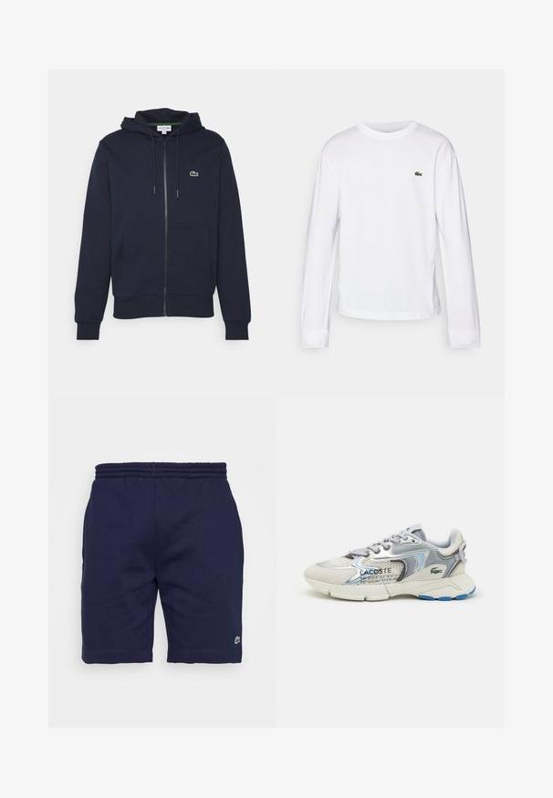 Námořnická modrá mikina na zip vyrobená z měkké bavlny. Má klokankovou kapsu, kapuci se stahovací šňůrkou a malé zelené logo Lacoste na hrudi.; Biely dlhý rukáv tričko vyrobené z bavlny. Má rebrovaný okrúhly golier a malé zelené vyšívané logo na hrudi. Jednoduchý dizajn.; Námornícke modré bavlnené šortky s elastickým pásom, zdobené malým zeleným logom na dolnej ľavej nohe a hladkou textúrou.; Tenisky Lacoste v kombinácii šedého semišu a sieťoviny, s modrým akcentom, textúrovanými detailmi a bielou podrážkou. Na boku sa nachádza branding.