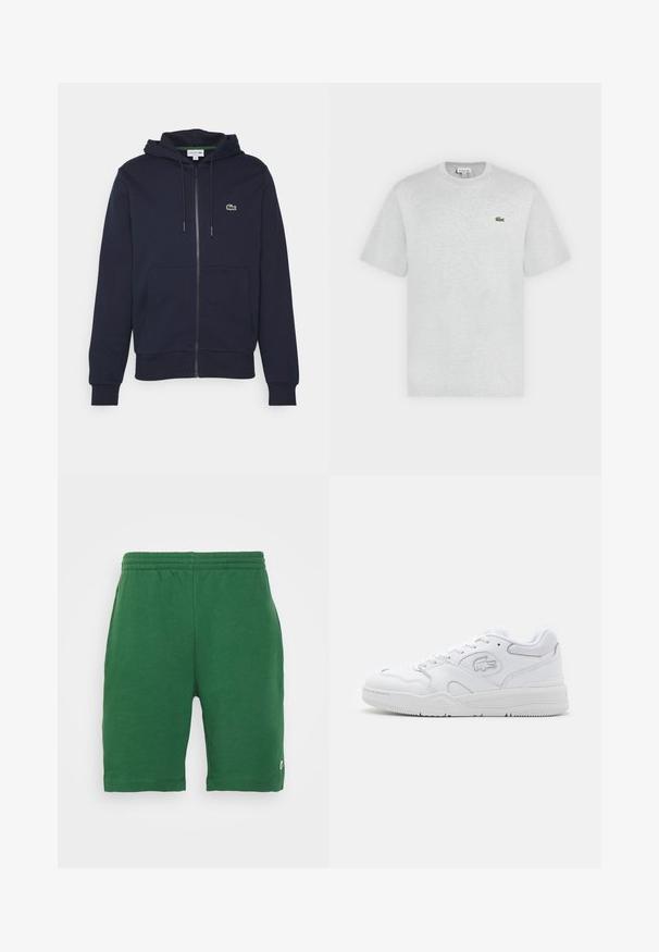 Námořnická modrá mikina na zip vyrobená z měkké bavlny. Má klokankovou kapsu, kapuci se stahovací šňůrkou a malé zelené logo Lacoste na hrudi.; Svetlošedé tričko s krátkym rukávom a okrúhlym výstrihom s malým zeleným logom krokodíla Lacoste na ľavej strane hrudníka.; Zelené jersey šortky s elastickým pásom a bočnými vreckami, s malým logom na ľavom stehne. Hladká textúra, do dĺžky kolien.; Biele športové tenisky s hladkým koženým zvrškom, sieťovými akcentmi, šnurovaním a štruktúrovanou gumovou podrážkou. Logo Lacoste na boku.