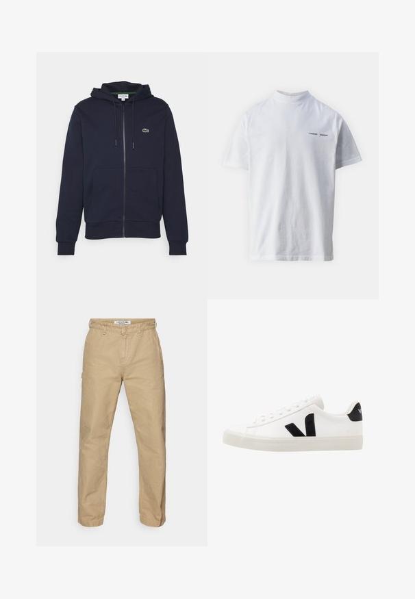Marineblå lynlåshoodie lavet af blødt bomuld. Har en kængurulomme, hætte med snor og et lille grønt Lacoste-logo på brystet.; Hvid bomulds t-shirt med høj halsudskæring og korte ærmer. Har "SAMSØE SAMSØE" logo i sort på forsiden. Glat tekstur.; Beige, lette bomuldsbukser med lige ben-design, der har en knaplukning og en subtil tekstur. Lacoste-logo på taljen.; Hvide lædersneakers med sorte ruskindsdetaljer; har en gummisål, rund tå og klassisk snørebåndsdesign. Side logo i sort.