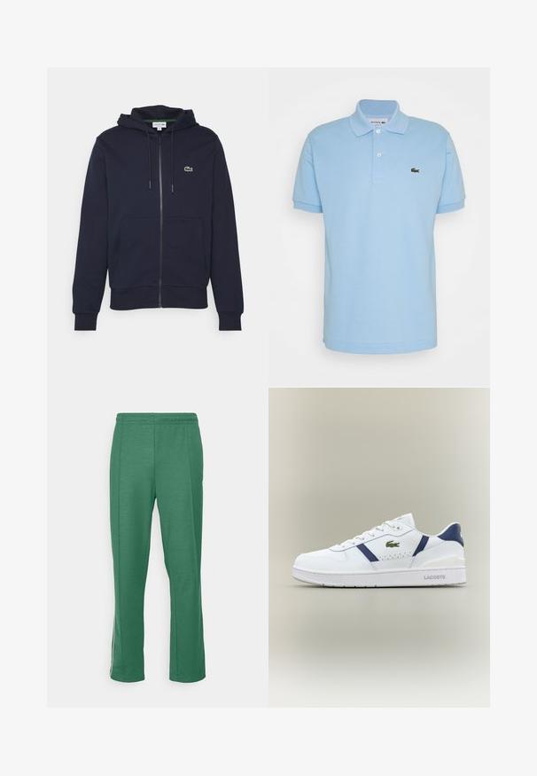 Donkerblauwe zip-up hoodie van zachte katoen. Beschikt over een kangoeroezak, een capuchon met trekkoord en een klein groen Lacoste-logo op de borst.; Lichtblau shirt met polo-kraag van katoen, met een omgeslagen kraag, drie knopen en een groene geborduurde Lacoste-logo op de linkerborst.; Groene sportbroek van zacht textiel; rechte snit met een elastische tailleband; heeft witte zijkanten met strepen en minimale branding.; Witte Lacoste sneaker met marineblauwe accenten, groen krokodillenlogo, vetersluiting en merkschoen op een neutrale achtergrond.