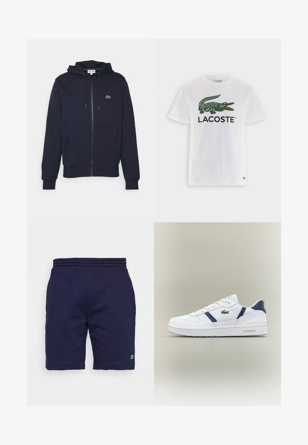 Marineblaue Zip-Up-Hoodie aus weichem Baumwollmaterial. Verfügt über eine Kängurutasche, eine Kapuze mit Kordelzug und ein kleines grünes Lacoste-Logo auf der Brust.; Weißes Baumwoll-T-Shirt mit grünem Krokodil-Logo und schwarzem "LACOSTE"-Text auf der Vorderseite, kurzen Ärmeln und rundem Ausschnitt.; Marineblaue Baumwollshorts mit einem elastischen Bund, ausgestattet mit einem kleinen grünen Logo am linken Bein und einer glatten Textur.; Weiße Lacoste-Sneaker mit marineblauen Akzenten, grünem Krokodil-Logo, Schnürdesign und markierten Sohlen auf neutralem Hintergrund.