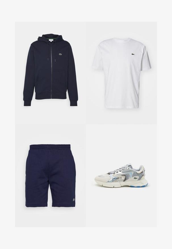 Námořnická modrá mikina na zip vyrobená z měkké bavlny. Má klokankovou kapsu, kapuci se stahovací šňůrkou a malé zelené logo Lacoste na hrudi.; Biele bavlnené tričko s okrúhlym výstrihom, krátkymi rukávmi a malým zeleným vyšitým logom na hrudi. Klasický rovný strih.; Námornícke modré bavlnené šortky s elastickým pásom, zdobené malým zeleným logom na dolnej ľavej nohe a hladkou textúrou.; Tenisky Lacoste v kombinácii šedého semišu a sieťoviny, s modrým akcentom, textúrovanými detailmi a bielou podrážkou. Na boku sa nachádza branding.