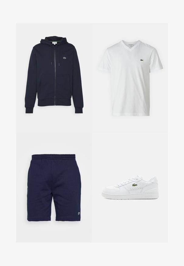 Námořnická modrá mikina na zip vyrobená z měkké bavlny. Má klokankovou kapsu, kapuci se stahovací šňůrkou a malé zelené logo Lacoste na hrudi.; Biele bavlnené tričko s výstrihom do V, krátkymi rukávmi a malým zeleným krokodílím logom na ľavej hrudi. Jednoduchý a ľahký dizajn.; Námornícke modré bavlnené šortky s elastickým pásom, zdobené malým zeleným logom na dolnej ľavej nohe a hladkou textúrou.; Biele kožené tenisky s perforovanými detailmi, plochými šnúrkami a malým zeleným logom na bokoch. Gumová podrážka a polstrovaný golier pre pohodlie.