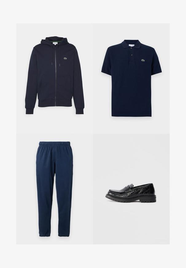 Tumesinine tõmblukuga kapuutsiga moodul, mis on valmistatud pehmest puuvillast. Omab rohkendustaskut, paelaga kapuutsi ja väikest roheline Lacoste logo rinnal.; Tumesinist lühikeste varrukatega polosärk, millel on kahe nupuga plastron ja vasakul rinnal väike roheline krokodillilogoga.; Tumedav sinise värvi dressipüksid, mis on valmistatud pehmest kangast. Need omavad elastset vöökohta ja kitsenevaid jalgu elastsete soontega. Mustreid ega aktsente pole.; Must või nahast krokodillinahaga loafer tukkisole ja pennistrapiga, külgvaade, isoleeritud heledal hallil taustal.