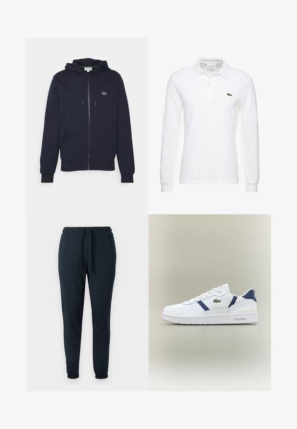 Sudadera con cremallera de color azul marino, hecha de algodón suave. Presenta un bolsillo tipo canguro, capucha con cordón y un pequeño logo verde de Lacoste en el pecho.; Camisa polo blanca de manga larga hecha de algodón, con un cuello clásico y un pequeño logo verde de Lacoste en el pecho. Textura suave.; Pantalones deportivos azul oscuro hechos de mezcla de algodón, con cintura elástica con cordón y puños en los tobillos. Detalle de pequeño logo amarillo.; Zapatilla Lacoste blanca con acentos en azul marino, logo de cocodrilo verde, diseño de cordones y suela de marca sobre fondo neutro.