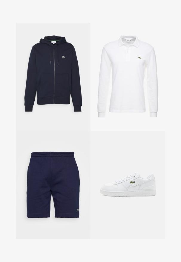 Námořnická modrá mikina na zip vyrobená z měkké bavlny. Má klokankovou kapsu, kapuci se stahovací šňůrkou a malé zelené logo Lacoste na hrudi.; Biely polokošeľový tričko s dlhým rukávom vyrobené z bavlny, s klasickým golierom a malým zeleným logom Lacoste na hrudi. Hladká textúra.; Námornícke modré bavlnené šortky s elastickým pásom, zdobené malým zeleným logom na dolnej ľavej nohe a hladkou textúrou.; Biele kožené tenisky s perforovanými detailmi, plochými šnúrkami a malým zeleným logom na bokoch. Gumová podrážka a polstrovaný golier pre pohodlie.