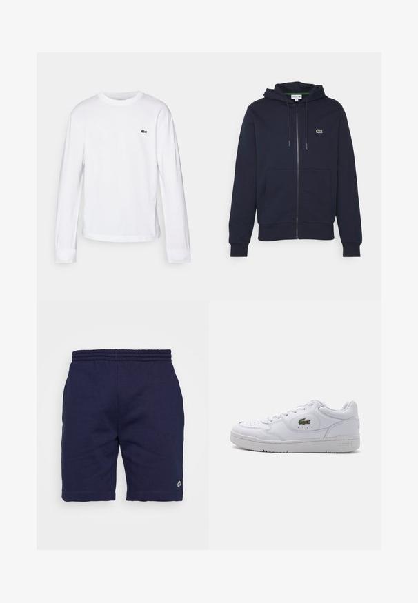 Marineblå lynlåshoodie lavet af blødt bomuld. Har en kængurulomme, hætte med snor og et lille grønt Lacoste-logo på brystet.; Hvid langærmet T-shirt lavet af bomuld. Har en ribbet rund halsudskæring og et lille grønt broderet logo på brystet. Simpelt design.; Marineblå bomuldsshorts med elastisk talje, der har et lille grønt logo på den nederste venstre ben og en glat tekstur.; Hvide lædersneakers med perforeret tå og et grønt krokodillelogo på ydersiden. Har flad sål og snørebåndsdesign.