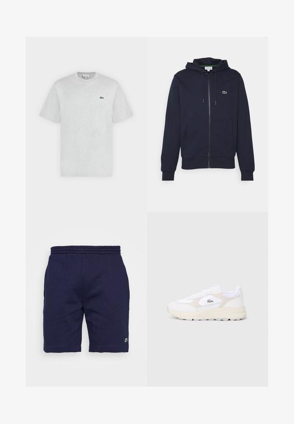 Donkerblauwe zip-up hoodie van zachte katoen. Beschikt over een kangoeroezak, een capuchon met trekkoord en een klein groen Lacoste-logo op de borst.; Lichtgrijs T-shirt met korte mouwen en ronde hals met klein groen Lacoste krokodillenlogo op de linkerborst.; Navyblauwe katoenen shorts met een elastische tailleband, voorzien van een klein groen logo op het linksonder been en een gladde textuur.; Witte sport sneaker met een gladde textuur, voorzien van beige accenten, een gewatteerde zool en een klein geborduurd logo aan de zijkant.