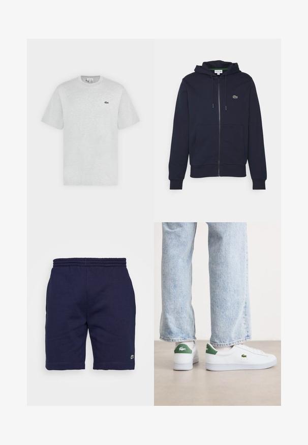 Tumesinine tõmblukuga kapuutsiga moodul, mis on valmistatud pehmest puuvillast. Omab rohkendustaskut, paelaga kapuutsi ja väikest roheline Lacoste logo rinnal.; Helehall lühikeste varrukatega ümara kaelusega T-särk väikese rohelise Lacoste krokodilli logoga vasakul rinnal.; Tumedat puuvillased lühikesed püksid elastse vöökohaga, millel on vasakul jalal väike roheline logo ja sile tekstuur.; Valged nahast tossud roheliste aktsentidega kandadel ja tikandiga logoga. Sujuv tekstuur, madala profiiliga mudel, koos heledate siniste teksadega.