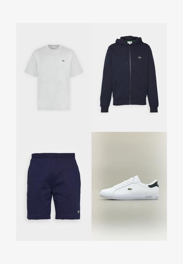 Námořnická modrá mikina na zip vyrobená z měkké bavlny. Má klokankovou kapsu, kapuci se stahovací šňůrkou a malé zelené logo Lacoste na hrudi.; Svetlošedé tričko s krátkym rukávom a okrúhlym výstrihom s malým zeleným logom krokodíla Lacoste na ľavej strane hrudníka.; Námornícke modré bavlnené šortky s elastickým pásom, zdobené malým zeleným logom na dolnej ľavej nohe a hladkou textúrou.; Biele nízke tenisky s zeleným krokodílovým logom na boku, čiernym pätovým klobúkom, bielymi šnúrkami a značkou "Lacoste" na okraji podrážky.