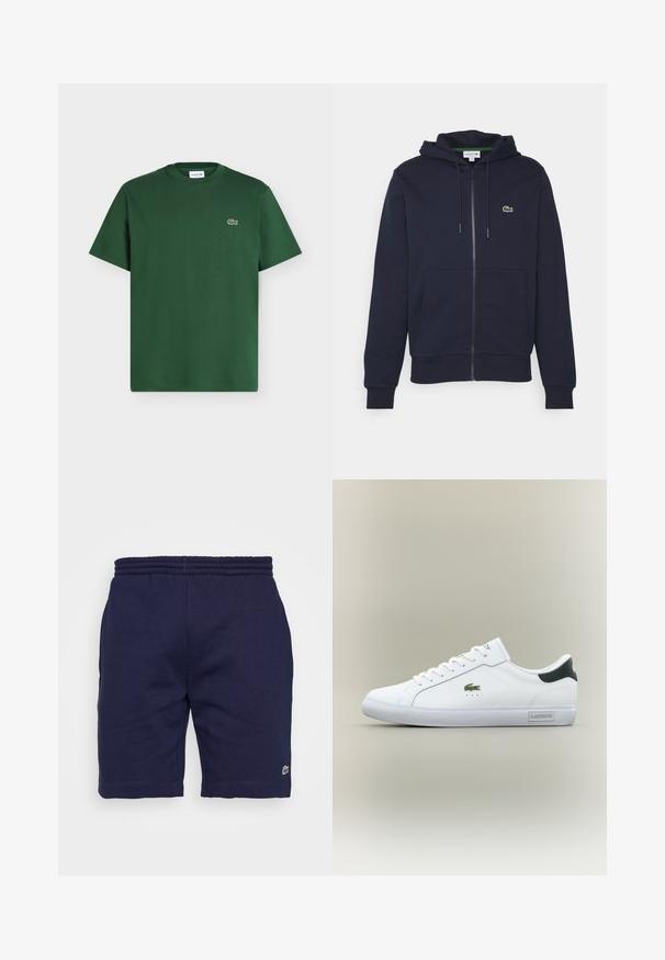 Tumesinine tõmblukuga kapuutsiga moodul, mis on valmistatud pehmest puuvillast. Omab rohkendustaskut, paelaga kapuutsi ja väikest roheline Lacoste logo rinnal.; Tume roheline lühikeste varrukatega puuvillane T-särk, ümara kaelusega ja väikese Lacoste krokodillilogoga vasakul rinnal.; Tumedat puuvillased lühikesed püksid elastse vöökohaga, millel on vasakul jalal väike roheline logo ja sile tekstuur.; Valge madalate tossudega, mille küljes on roheline krokodillilogo, must kannatugi, valged paelad ja "Lacoste" silt põhjapiiril.