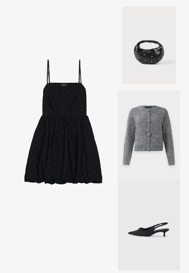 Cárdigan de punto texturizado gris con mangas largas y cuatro grandes botones decorativos en el frente.; Even&Odd by Zalando Vestido de cóctel - black; Tacones negros de tipo slingback con puntera puntiaguda, tejido texturizado, un pequeño lazo en la parte frontal y un tacón kitten modesto.; Bolso de mano de cuero negro con forma redondeada, decorado con detalles de tachuelas plateadas y un asa corta. Textura lisa y cierre con cremallera.