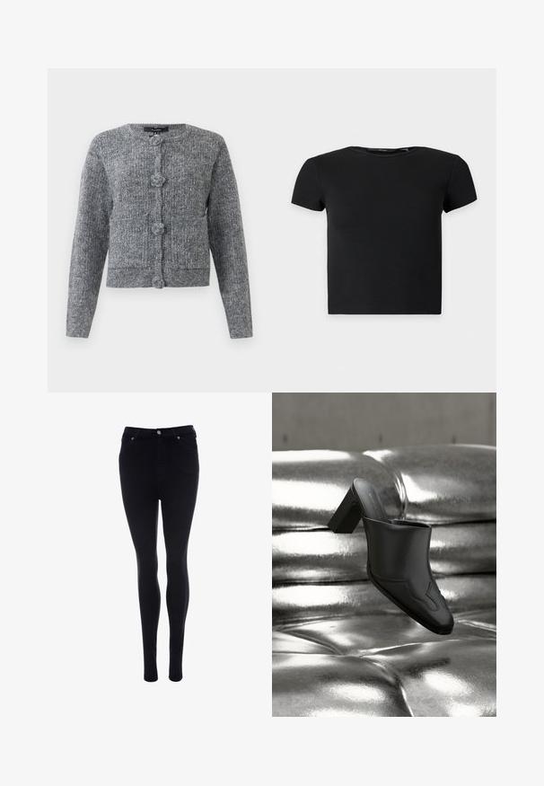 Cárdigan de punto texturizado gris con mangas largas y cuatro grandes botones decorativos en el frente.; Top corto negro de manga corta con textura acanalada y escote redondo, mostrado sobre un fondo claro liso.; Vaqueros skinny negros de denim con una textura suave. Presentan un cierre frontal de botón y cremallera, cinco bolsillos y un ajuste elegante.; Mula de cuero negro con tacón ancho descansando sobre una superficie plateada brillante acolchada, destacando su diseño elegante y detalles curvados.