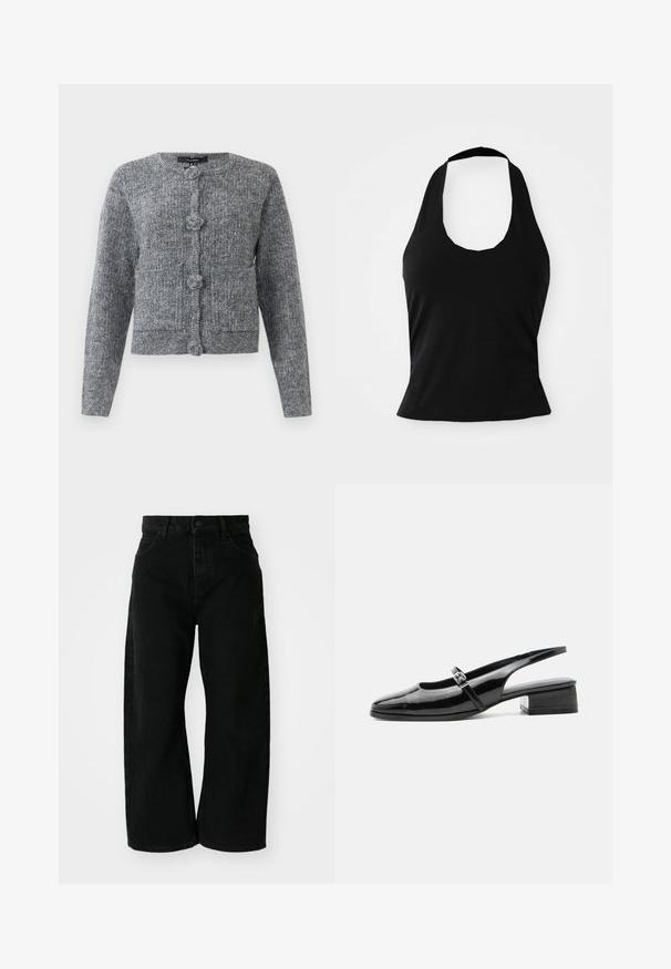 Grijze gebreide cardigan met textuur, lange mouwen en vier grote decoratieve knopen aan de voorkant.; Zwarte haltertop gemaakt van zacht materiaal, met een ronde hals en een getailleerde pasvorm, voorzien van een gladde textuur en zonder zichtbare patronen.; Zwarte wijde jeans van denim met een hoge taille. Bevat vijf zakken en een knoopsluiting aan de voorkant. Soepele textuur en strakke lijnen.; Zwarte lakleren slingback schoen met een lage blokhak en een dunne band met zilveren gesp bovenop.