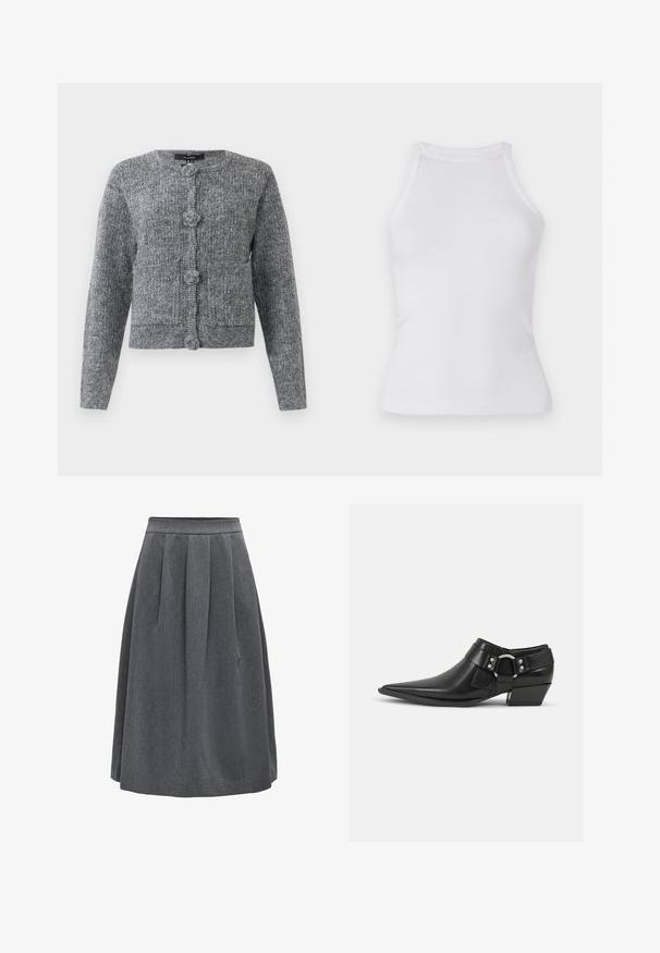 Cardigan tricoté texturé gris avec des manches longues et quatre grands boutons décoratifs sur le devant.; Débardeur blanc à côtes avec un design ajusté, encolure ronde et sans manches. Fabriqué en tissu extensible pour un confort optimal et une liberté de mouvement.; Jupe plissée gris foncé de longueur moyenne avec une taille ajustée, conçue pour un usage décontracté ou professionnel.; Bottines en cuir noir avec un bout pointu, présentant une sangle en cuir à l'avant et un détail de boucle en argent, ainsi qu'un petit talon carré.