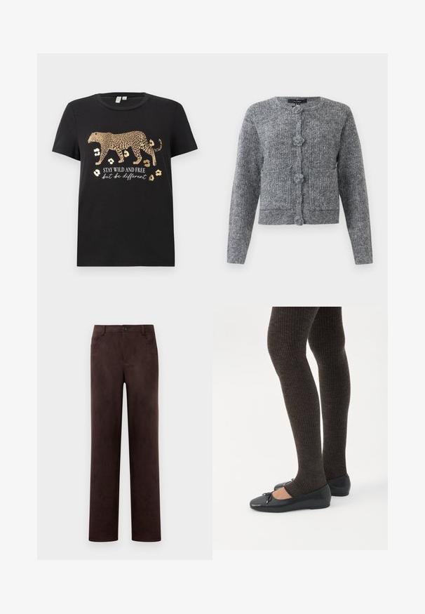 Grauer strukturierten Strickcardigan mit langen Ärmeln und vier großen dekorativen Knöpfen auf der Vorderseite.; Schwarzes Baumwoll-T-Shirt mit Leopardenmuster und goldenen Akzenten. Mit dem Text "BLEIB WILD UND FREI, aber sei anders" darunter.; Gerade geschnittene, dunkelbraune Wildlederhosen mit vorderer Knopf- und Reißverschluss, Gürtelschlaufen und seitlichen Taschen.; Beine in dunklen, gerippten Leggings kombiniert mit schwarzen Ballerinas mit kleinen Schleifendetails auf weißem Hintergrund.