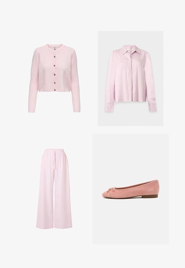 JDY JDYCHLOE LIFE CARDIGAN - Ζακέτα - light pink; Ανοιχτό ροζ μπλούζα με μακριά μανίκια, γιακά, κρυφή λωρίδα κουμπιών και ραμμένα μανίκια, εμφανίζεται σε απλό ανοιχτό φόντο.; Ανοιχτό ροζ παντελόνι με φαρδιά μπατζάκια, κάθετες ρίγες, ελαστική μέση και κορδόνι μπροστά.; Απαλά ροζ σουέντ μπαλαρίνες με μικρό φιόγκο και χρυσή λεπτομέρεια στη στρογγυλή μύτη, χαμηλό τακούνι και λεία σόλα.