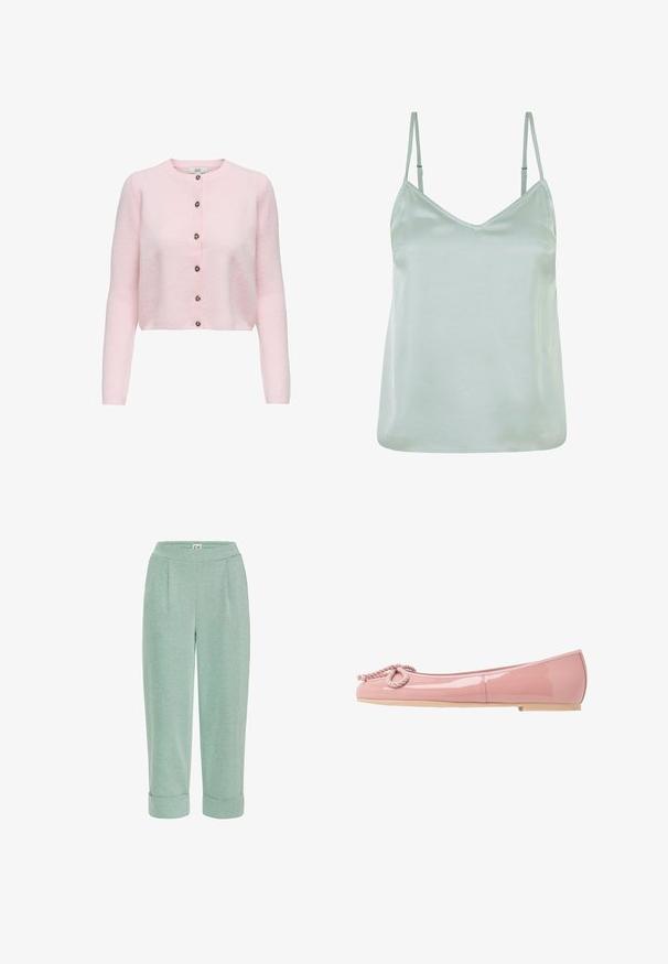 JDY JDYCHLOE L/S CARDIGAN KNT NOOS - Gilet - light pink; Camisole en satin vert clair avec des bretelles fines ajustables et un décolleté en V, présentant une texture lisse et une coupe décontractée.; Pantalons cropped vert clair avec une texture douce, dotés d'un ourlet roulé et de plis à l'avant, conçus pour le confort et une tenue décontractée.; Ballerines en cuir verni rose avec un bout arrondi, détail en corde à l'avant et semelle en caoutchouc beige. Fini lisse et brillant sur l'ensemble.