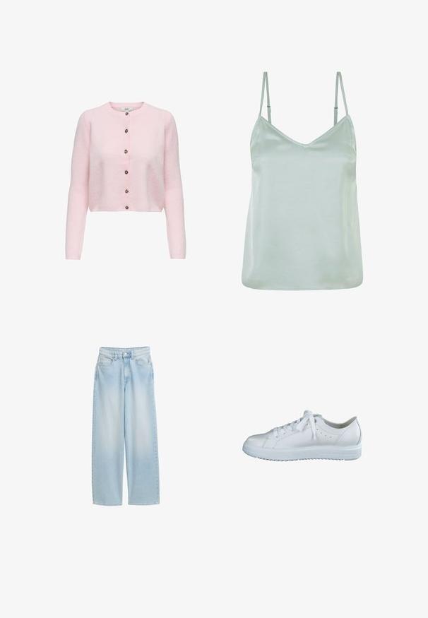 JDY JDYCHLOE L/S CARDIGAN KNT NOOS - Cardigan - light pink; Lys grøn satinkamin med justerbare tynde stropper og V-udskæring, der har en glat tekstur og en afslappet pasform.; Lyseblå vidbenet denimjeans med høj talje, forreste knappe- og lynlåslukning samt fem lommer.; Hvid lædersneaker med rund tå, snørebånd fortil og flad sål. Har små ventilationshuller og en glat overflade uden mønstre.