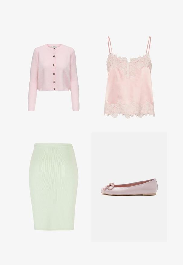 JDY JDYCHLOE LIFE CARDIGAN - Cardigan - light pink; Lyserød satin camisole med hvid blondekant langs halsudskæring og kant, med tynde justerbare skulderstropper.; Strikad blyantskjørt i lys mintgrøn med lodret ribbet struktur, tætsiddende form og en glat talje. Ideelt til både afslappet og formel brug.; Lyserød lakballerina med rundet tå, snoet snøre sløjfe foran og lav beige sål på hvid baggrund.