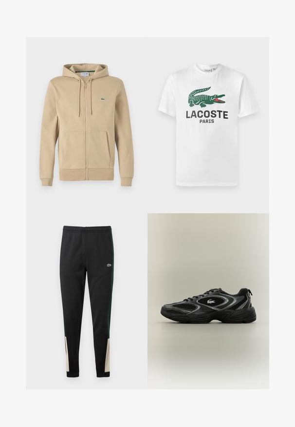 Beige tõmblukkidega kapuutsiga pusakas, millel on eesTasku, sidumisnööriga kapuuts ja väike roheline Lacoste logo. Valmistatud siledast puuvillasegusest materjalist.; Lacoste Trükipildiga T-särk - white; Mustmustrepp mustmustrohelised külje triibud ja beežid aktsendid sääreotsades. Elastne vöökoht ja Lacoste logo esiküljel. Sile tekstuur.; Mustade ja hallide sportlike sneakersiteeritud võrkpaneelidega, sidumisega disain, paks tallaosa ja väike krokodillilogo küljes.