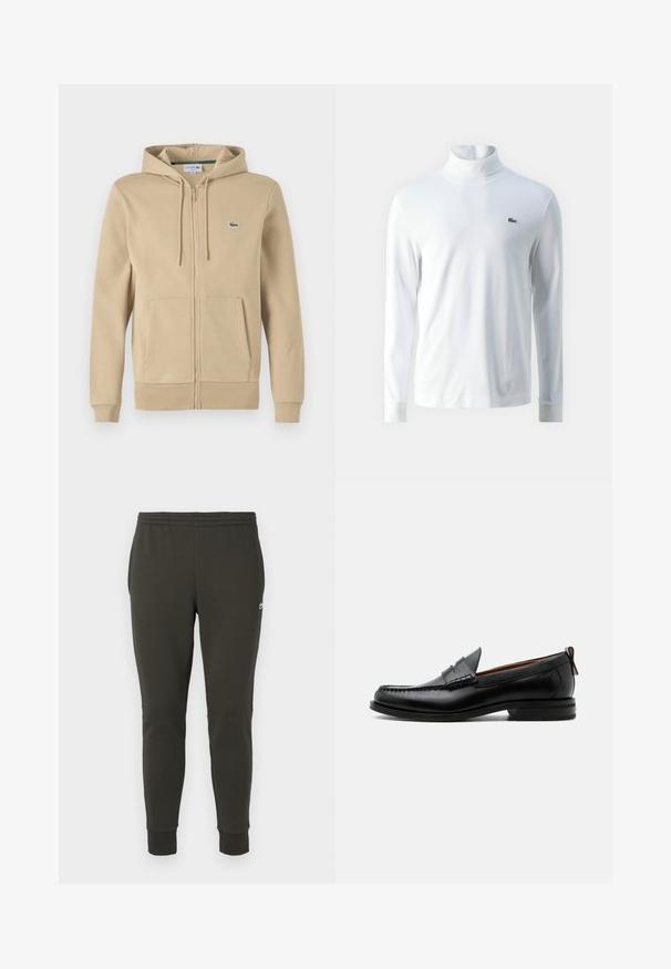 Housse zippée beige avec une poche avant, capuche à cordon de serrage et petit logo vert Lacoste. Fabriquée en mélange de coton doux.; Chemise à col roulé blanche à manches longues en tissu doux, ornée d'un petit logo brodé vert sur la poitrine et de poignets ajustés.; Jogging en vert foncé en tissu doux, avec une taille élastique, des poignets côtelés et un petit logo sur le côté.; Mocassin homme en cuir noir avec couture moc toe, bride penny, col texturé et petit talon empilé sur fond blanc.