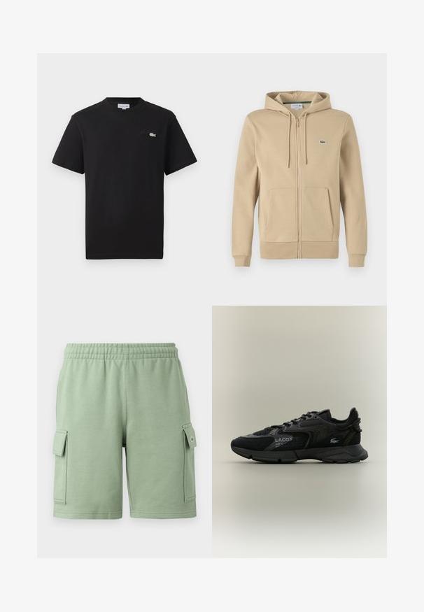 Sudadera con cremallera en color beige, con un bolsillo frontal, capucha con cordón y pequeño logo verde de Lacoste. Fabricada en una suave mezcla de algodón.; Camiseta de algodón negra con cuello redondo. Presenta un pequeño logo de Lacoste bordado en verde y blanco en el pecho. Mangas cortas, corte regular.; Pantalones cortos de algodón verde con una cintura elástica, dos bolsillos laterales tipo cargo y un pequeño detalle de logo en el bolsillo izquierdo.; Zapatilla negra Lacoste con paneles de malla y ante, suela negra, cordones, logo y texto de coordenadas en el lateral sobre un fondo beige liso.