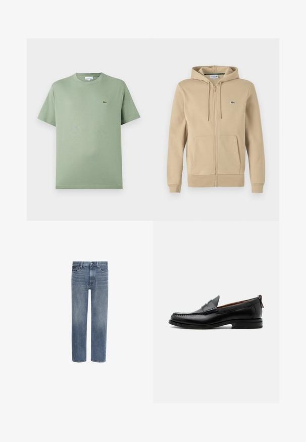 Beige Kapuzenpullover mit Reißverschluss, Fronttasche, Zugbandkapuze und kleinem grünen Lacoste-Logo. Hergestellt aus glattem Baumwollmischmaterial.; Hellgrünes Baumwoll-T-Shirt mit Rundhalsausschnitt, kurzen Ärmeln und einem kleinen Logo auf der linken Brust. Glatte Textur, normale Passform.; Gerade geschnittene blaue Denim-Jeans mit Vordertaschen, Gürtelschlaufen und Knopfverschluss.; Schwarzer Leder-Herrenschuh mit Mokassinnaht, Penny-Riemen, strukturiertem Kragen und niedrigem gestapeltem Absatz auf weißem Hintergrund.