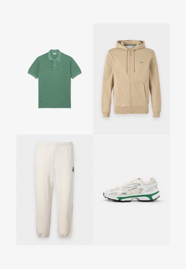 Sudadera con cremallera en color beige, con un bolsillo frontal, capucha con cordón y pequeño logo verde de Lacoste. Fabricada en una suave mezcla de algodón.; Camisa polo de algodón verde con un clásico cierre de tres botones, mangas cortas y un pequeño logo en el lado izquierdo del pecho.; Pantalones de chándal de color beige claro, hechos de algodón, con una cinturilla elástica, puños acanalados y un logo verde con diseño de hoja en la pierna izquierda.; Zapatilla blanca con acento verde y suela de goma negra. Presenta paneles de malla y sintéticos, con un acabado texturizado y costuras visibles.