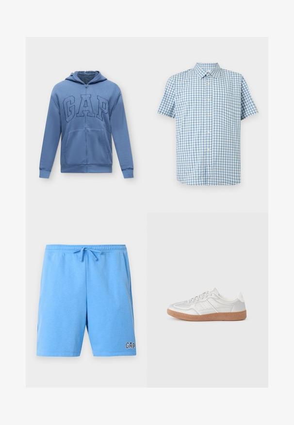 Sweat à capuche zippé bleu avec poches avant et logo "GAP" brodé sur la poitrine, avec une doublure intérieure douce.; Chemise à manches courtes à carreaux bleu clair et blanc, avec col et poche poitrine, présentée sur un fond uni.; Shorts décontractés bleu clair avec taille élastique et cordon, avec un petit logo "GAP" sur la partie inférieure de la jambe droite.; Baskets argentées avec une texture lisse, un design à lacets, des accents perforés et une semelle en caoutchouc marron texturé.