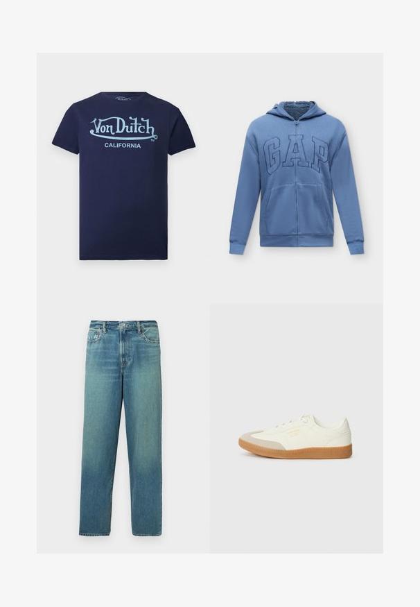 Sweat à capuche zippé bleu avec poches avant et logo "GAP" brodé sur la poitrine, avec une doublure intérieure douce.; T-shirt bleu marine à manches courtes avec logo "Von Dutch" bleu clair et texte "California" sur le devant.; Jean en denim, bleu clair avec un effet délavé, design à jambe droite, agencement standard à cinq poches, fermeture par bouton en laiton et zip.; Baskets en cuir blanc avec une coque beige et une semelle en caoutchouc marron clair. Dotées de lacets blancs plats et d'un logo embossé sur le côté.