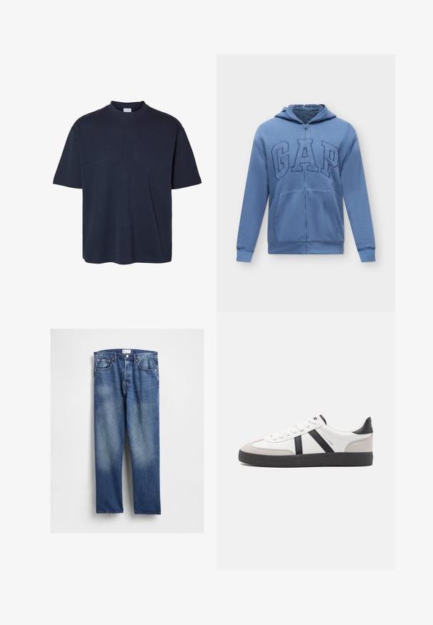 Blauwe zip-up hoodie met capuchon, voorzakken en "GAP" logo op de borst geborduurd, met een zachte voering.; Effen donker marineblauw T-shirt met korte mouwen, een ronde hals en een reguliere pasvorm, weergegeven op een witte achtergrond.; Blauwe denim jeans met een rechte pijp, voorzien van vervaging aan de voorkant, klassiek vijfzakkenontwerp en metalen klinknagels bij de zakken.; Witte sneaker met zwarte en grijze accenten, voorzien van een grijze neus met textuur, zwarte rubberen zool en platte witte veters. Schoon ontwerp, minimalistische stijl.