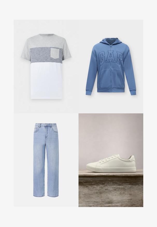 Sweat à capuche zippé bleu avec poches avant et logo "GAP" brodé sur la poitrine, avec une doublure intérieure douce.; T-shirt homme à manches courtes avec partie supérieure gris clair, rayures horizontales bleu marine au milieu, poche poitrine, et partie inférieure blanche.; Jean en denim bleu clair avec une coupe décontractée et des jambes larges. Les caractéristiques incluent cinq poches, une fermeture à bouton à l'avant et une décoloration subtile.; Sneaker en dentelle blanche flottant au-dessus d'un banc en bois avec un feuillage vert en arrière-plan, mettant en valeur le design et la texture de la chaussure.
