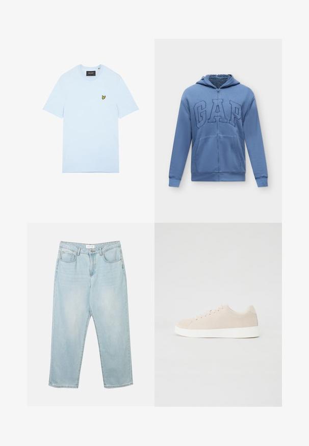 Blå hættetrøje med lynlås, forlommer og "GAP" logo broderet på brystet, med en blød indvendig foring.; Lyseblå bomulds t-shirt med rund halsudskæring, med en lille gul fuglelogo broderet på venstre bryst. Korte ærmer, ensfarvet.; Lys blå denim jeans med en afslappet pasform, fem lommer, en knaplukning og subtil fadeeffekt. Teksturen er glat og lidt slidt.; Beige ruskindsneakers med hvide gummisåler, rund tå og seks snøringshuller. Glat tekstur med minimalisk design.