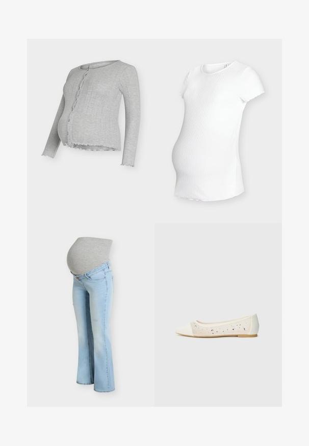 Cardigan de maternité gris côtelé avec un col rond, des boutons sur le devant et des détails à volants en bas. Comprend des manches longues et une coupe ajustée.; Haut de maternité blanc côtelé avec encolure arrondie et manches courtes, conçu pour s'adapter à un ventre en croissance. Texture lisse.; Jeans de maternité bleu clair avec une ceinture grise extensible conçue pour s'adapter au ventre d'une femme enceinte.; Mocassins à bout pointu en cuir crème avec un dessus transparent ornés de strass dispersés. Semelle douce pour le confort, design minimaliste.