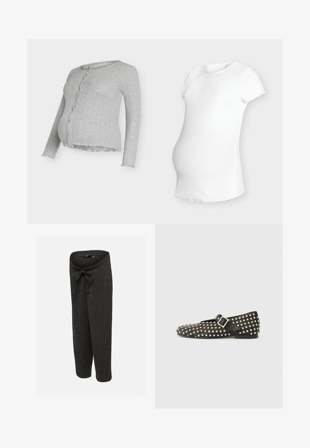 Cárdigan de maternidad gris con tejido acanalado, cuello redondo, cierre de botones en la parte delantera y detalles con volantes en el dobladillo. Cuenta con mangas largas y ajuste ceñido.; Top de maternidad blanco con tejido acanalado, escote redondeado y mangas cortas, diseñado para adaptarse a una barriga en crecimiento. Textura suave.; Pantalones de punto gris oscuro con un corte holgado y cordón en la cintura elástica, mostrados sobre un fondo claro y liso.; Zapato plano negro con puntera redondeada, adornado con tachuelas plateadas. Cuenta con una correa con hebilla sobre el empeine. Textura lisa, tacón bajo.