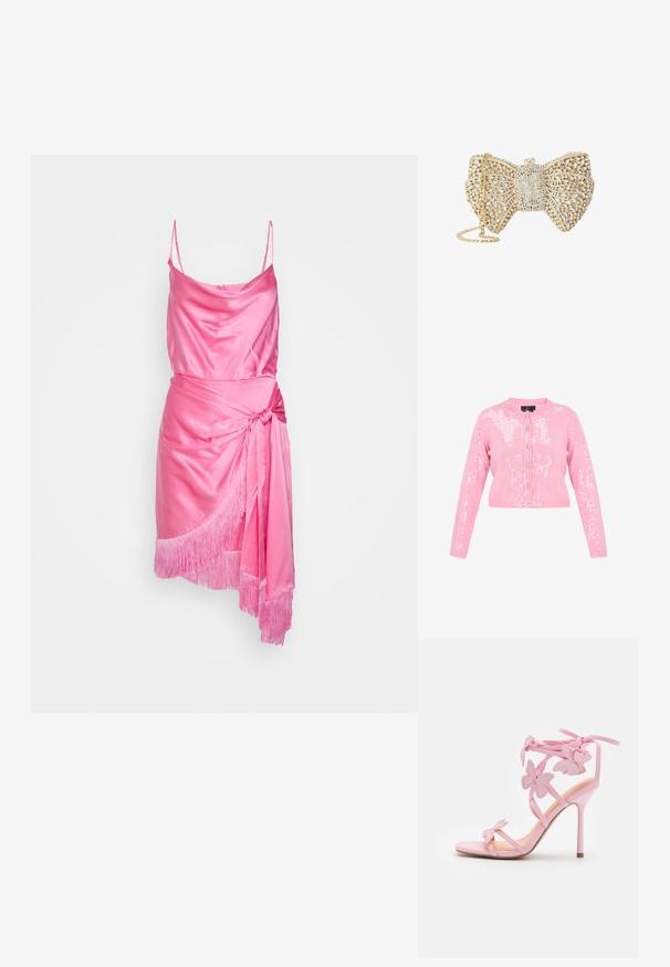 Cárdigan corto rosa de mangas largas, adornado con lentejuelas. Presenta un escote redondo y cierre delantero con cinco botones.; Cinq à Sept OCTAVIA DRESS - Vestido de cóctel - flamingo; Sandal de tacón alto rosa con acentos de mariposa, hecho de material suave. Cuenta con tirantes delgados y un tacón esbelto.; Clutch en forma de lazo en tono dorado cubierta de cristales transparentes, con un diseño de celosía intrincado y correa de cadena dorada.
