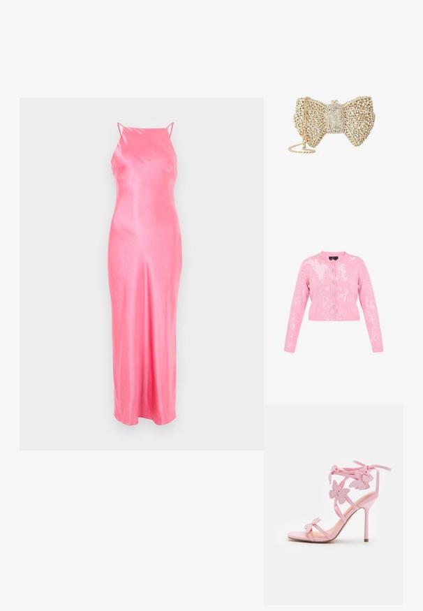 Cárdigan corto rosa de mangas largas, adornado con lentejuelas. Presenta un escote redondo y cierre delantero con cinco botones.; Vestido largo de satén rosa con tirantes finos, que presenta una textura suave y una silueta ajustada. Diseño hasta el suelo con detalles mínimos.; Sandal de tacón alto rosa con acentos de mariposa, hecho de material suave. Cuenta con tirantes delgados y un tacón esbelto.; Clutch en forma de lazo en tono dorado cubierta de cristales transparentes, con un diseño de celosía intrincado y correa de cadena dorada.