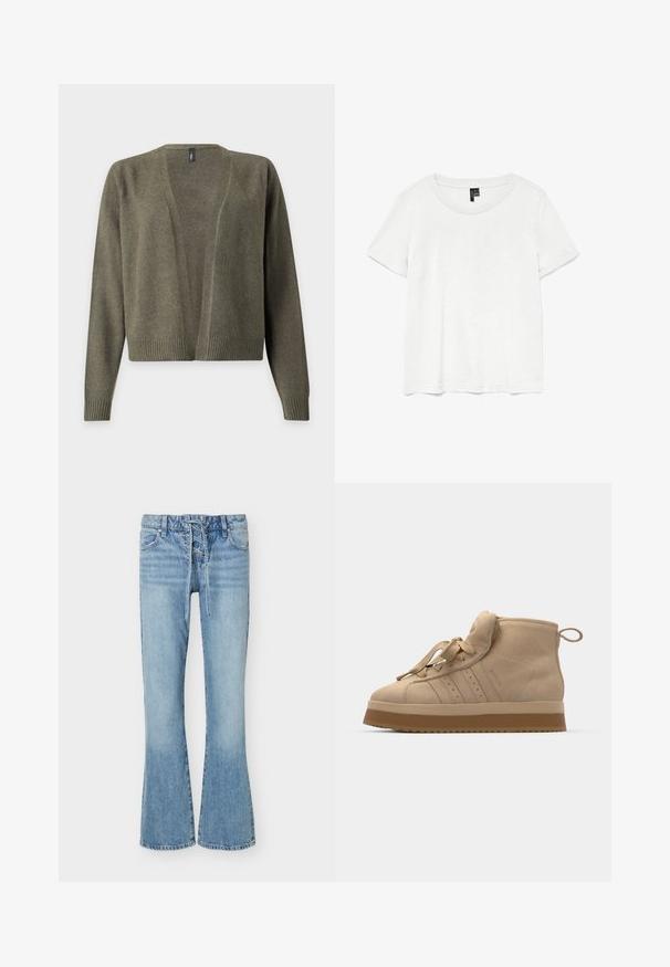 Olivengrøn strikket cardigan med åben front, lange ærmer og ribkanter ved manchetter og kant.; Hvid kortærmet t-shirt med rund halsudskæring, lavet af letvægtsstof. Enkel design, glat tekstur og lige kant.; Lyseblå denim flare jeans med snørelukning foran, fem lommer og bæltestropper, med falmede detaljer på lår og knæ.; Beige ruskinds høje sneakers med en tykk gummisål, der har en foldbar tunge, rund tå og dekorative snørebånd.