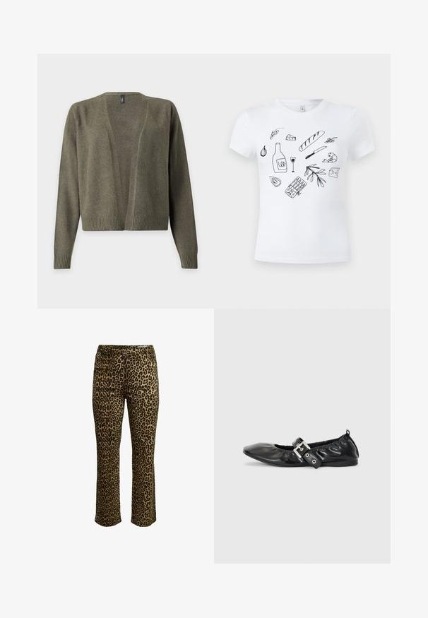 Olivengrøn strikket cardigan med åben front, lange ærmer og ribkanter ved manchetter og kant.; Hvid T-shirt med sorte stregtegninger af madvarer, herunder brød, ost, vinflaske og glas, rejer, hvidløg, oliven og en kniv.; Leopardmønstret bukser med slim fit, knaplukning og syning i taljen samt let stræk for komfort.; Sorte læder flade sko med spids tå, samling detaljer omkring åbningen, og en sølv spænde accent på den justerbare rem.