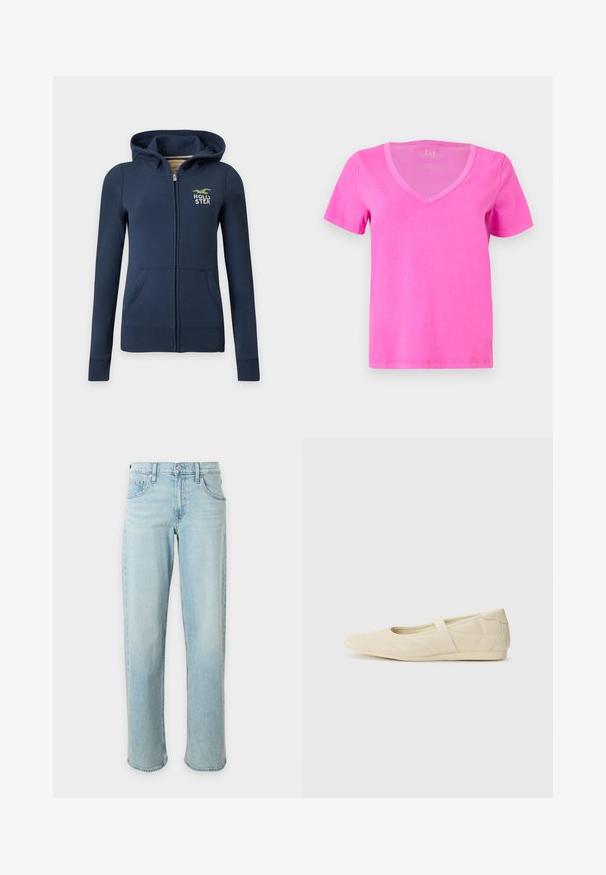 Sweat à capuche zippé bleu marine avec poches avant, manches longues, capuche et logo Hollister vert sur la poitrine gauche sur fond blanc.; T-shirt rose vif à manches courtes et col en V, avec une texture lisse, présenté sur un fond gris clair uni.; Jean bleu clair à jambes droites avec poches avant et ceinture boutonnée sur fond blanc uni.; Ballerines beiges avec une exterior en cuir lisse, un bout en forme d'amande et une sangle élastique sur le coup de pied, avec des détails de couture subtils.