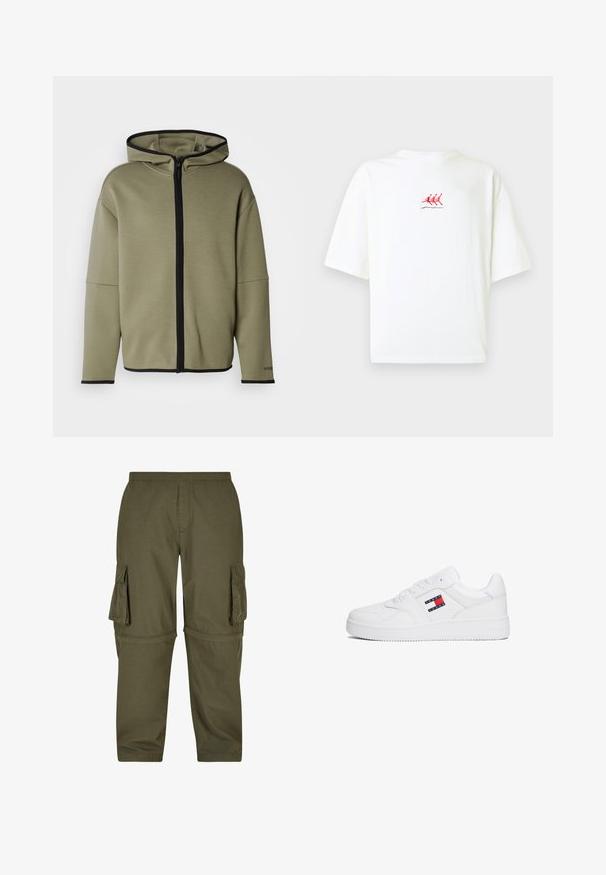 Hættetrøje med lynlås i olivengrøn med sorte kanter. Har en løs pasform og store forlommer. Blødt, struktureret stof.; Hvid bomulds t-shirt med korte ærmer, der har en lille rød broderet grafik af tre figurer i bevægelse nær midten.; Olivengrøn cargo-bukser lavet af letvægtsstof, med flere sidelommer, elastisk talje og lige pasform.; Hvide sneakers med overdel i glat læder, flad gummisål og et rektangulært logo med røde, hvide og blå striber på siden.