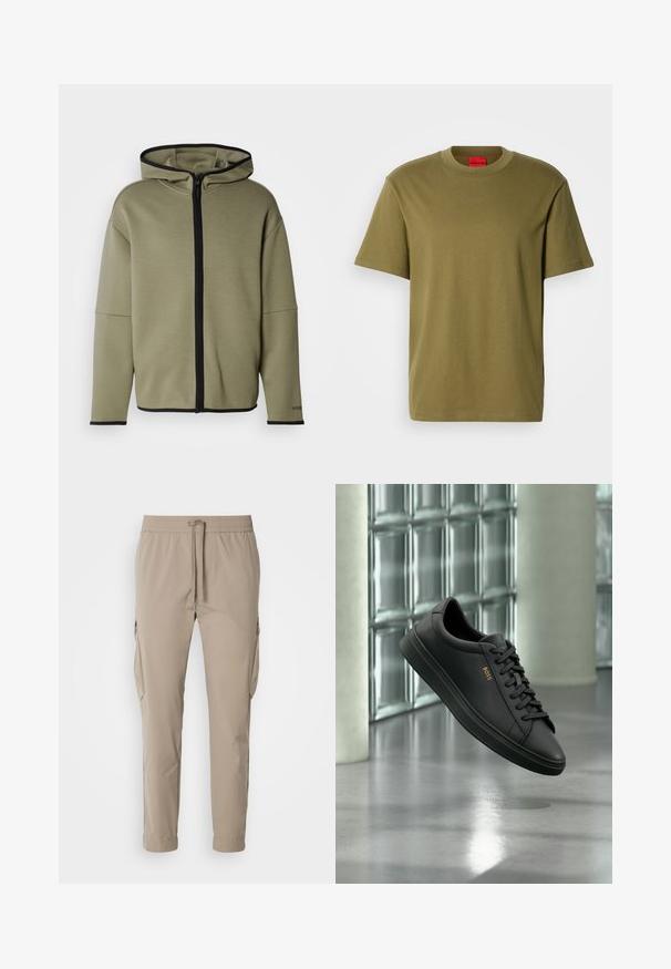 Hættetrøje med lynlås i olivengrøn med sorte kanter. Har en løs pasform og store forlommer. Blødt, struktureret stof.; Olivengrøn bomuld T-shirt, rund hals, korte ærmer, præget "HUGO"-logo på brystet, glat tekstur, almindelig pasform. Rødt indvendigt mærke.; Beige cargo bukser med elastisk talje og snøre. Har sidelommer og en tapered ben design, lavet af letvægtsstof.; Sort lavtopet lædersneaker med sorte snørebånd og gyldent BOSS-logo på siden, svævende over en blank grå gulv i et moderne indendørs rum.