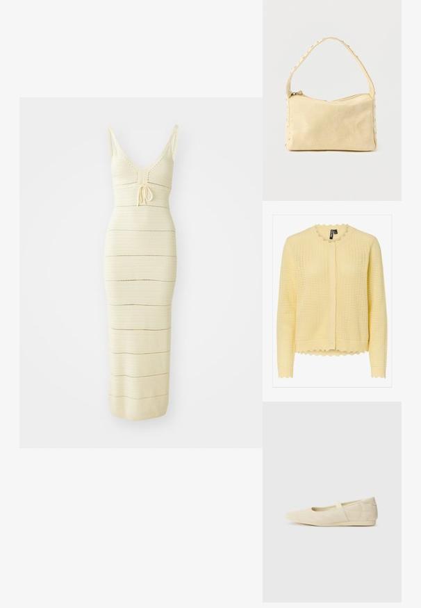 Hellgelbe Strickjacke mit langen Ärmeln, rundem, gewelltem Ausschnitt, gewelltem Saum und Vorderknopfverschluss.; Strick-Midikleid in hellem Creme mit tailliertem Schnitt, V-Ausschnitt, verstellbarem Bindeband in der Taille und horizontalen Streifenmustern.; Beige Ballerinas aus glattem Leder mit mandelförmiger Zehenpartie und elastischem Riemen über dem Fußrücken, ausgestattet mit dezenten Nähtelementen.; Kleine beige Ledertasche mit einem einzigen Riemen und silbernen Nieten entlang der Kanten und des Riemens, vor einem schlichten Hintergrund.