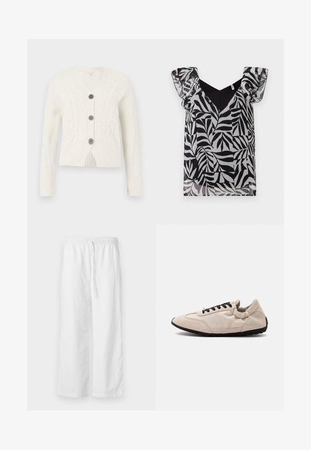 Cárdigan blanco de punto con cuello en V, que presenta un patrón de trenzas, tres botones oscuros y puños y dobladillo acanalados. Longitud corta.; Blusa con patrón de hojas en blanco y negro, con mangas rizadas y transparentes y escote en V. Fabricada en un tejido ligero con una textura suave.; Pantalones anchos de textura blanca con cintura elástica y cordón ajustable. Diseño simple y minimalista, sin adornos.; Zapatilla beige con suela y cordones negros, mostrada de lado, confeccionada en ante y tela, sobre fondo blanco liso.