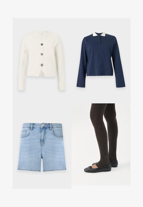 Cardigan en tricot blanc avec un col en V, présentant un motif en torsade, trois boutons foncés et des poignets et un ourlet côtelés. Longueur cropped.; Polo à manches longues bleu marine avec col blanc et patte à trois boutons, présenté sur un fond uni.; Short en jean bleu clair avec bouton à l'avant, fermeture éclair, passants de ceinture et design cinq poches sur un fond uni.; Jambes portant des leggings côtelés foncés associés à des ballerines noires avec de petits détails en nœud sur fond blanc.