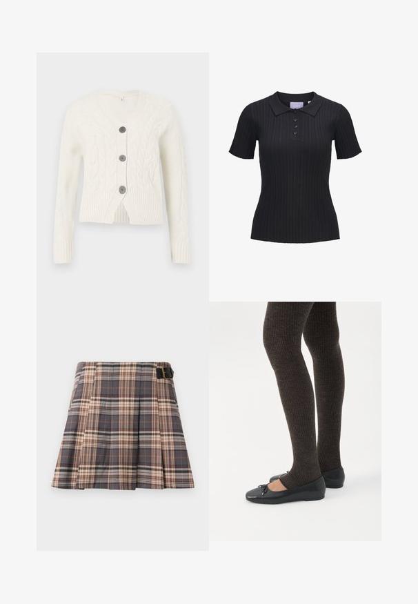 Cardigan en tricot blanc avec un col en V, présentant un motif en torsade, trois boutons foncés et des poignets et un ourlet côtelés. Longueur cropped.; Polo noir à manches courtes en maille côtelée avec quatre boutons et un col traditionnel.; Jupe à carreaux gris, beige et rouille ; présente des plis, un détail de boucle et une conception structurée. Fabriquée en tissu tissé.; Jambes portant des leggings côtelés foncés associés à des ballerines noires avec de petits détails en nœud sur fond blanc.